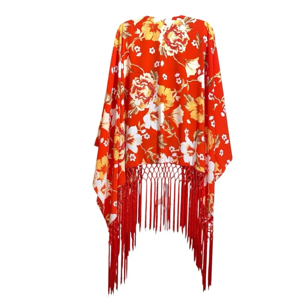 Diane Gilman Red Floral Fringe Kimono Cover-Up Red XS/S NWT